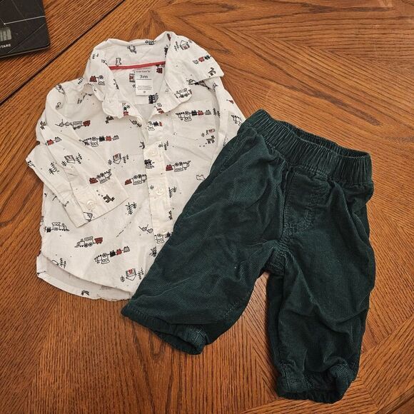 2pc Carter's Train Button Up Shirt & Corduroy Pants Outfit Size 3 months - Picture 1 of 2